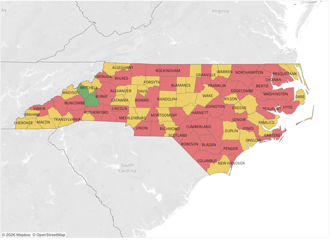 Map of North Carolina counties colored by poll worker recruitment priority: red for recruit immediately, yellow for recruit, green for monitor